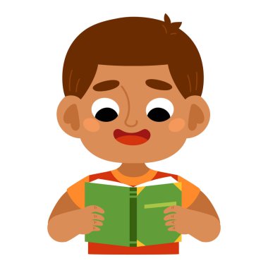 Çocuklar için çizgi film çizimi, kitap okuyan sevimli çizgi film çocuğu.