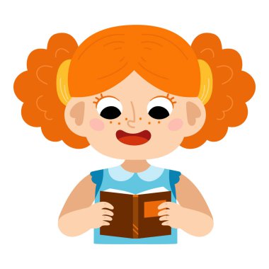 Çocuklar için çizgi film çizimi, kızıl saçlı, kitap okuyan tatlı bir çizgi film kızı.