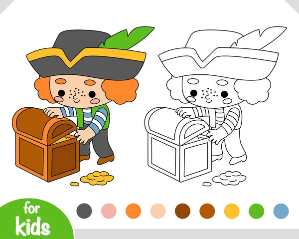Coloring Book Children Cartoon Character Pirate Boy Treasure Chest — Stock Vector