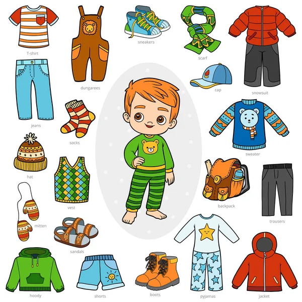 Set Vettoriale Vestiti Ragazzi Collezione Colori Accessori Abbigliamento Bambini Dei — Vettoriale Stock