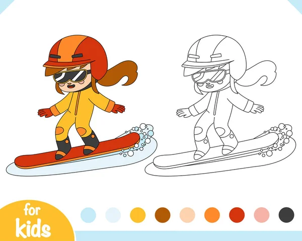Coloring Book Children Cute Cartoon Girl Snowboards — Stock Vector