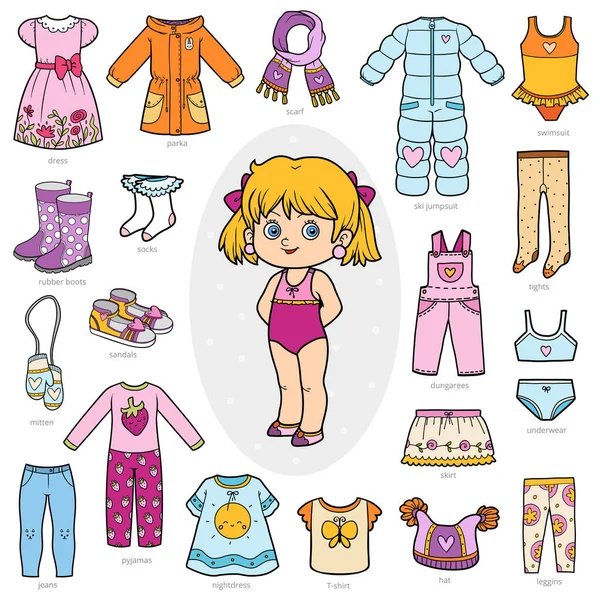 Vektor Set Pakaian Anak Perempuan Koleksi Warna Aksesoris Anak Anak - Stok Vektor