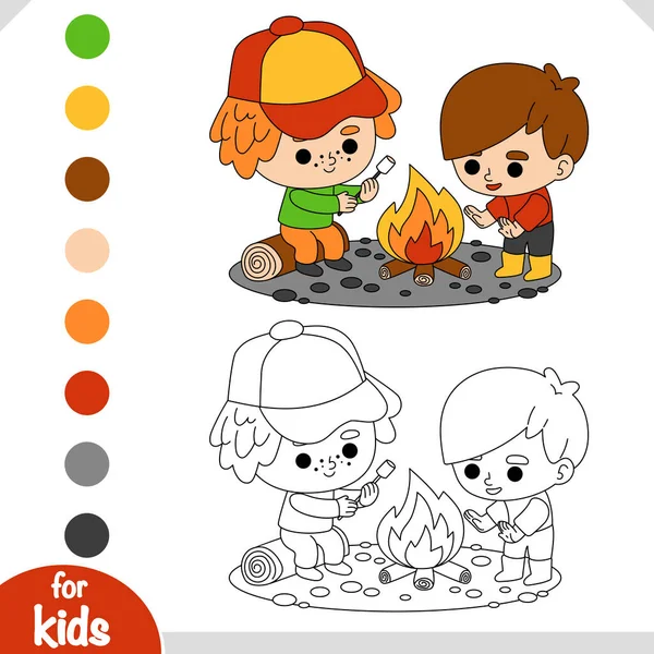 Libro Para Colorear Para Niños Niños Personajes Dibujos Animados Fogata — Archivo Imágenes Vectoriales