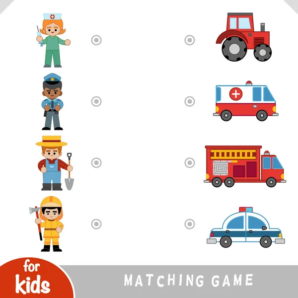 配合儿童教育游戏 一组卡通人物的专业和特殊的交通工具 消防员 农民和汽车 — 图库矢量图片