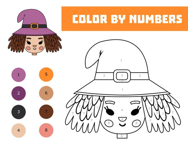 Kleur Nummer Educatie Spel Voor Kinderen Leuke Cartoon Heks Gezicht — Stockvector