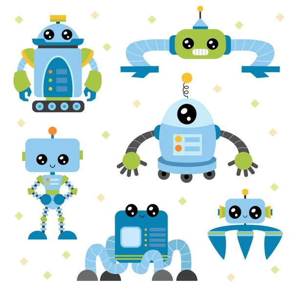Tecknad Vektor Illustration För Barn Uppsättning Söta Tecknade Robotar Tecken — Stock vektor