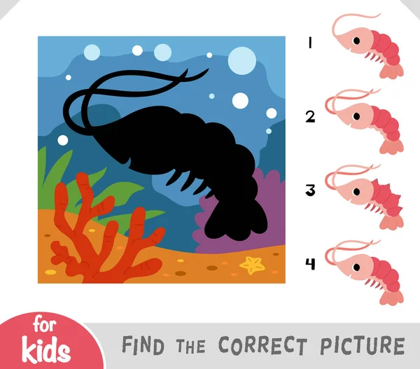 子供のための正しい影 教育ゲーム 海底の背景を持つかわいい漫画のエビを見つける — ストックベクタ