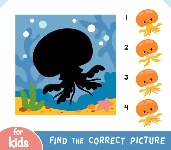 Znajdź Odpowiedni Cień Gra Edukacyjna Dla Dzieci Cute Meduzy Podwodne — Wektor stockowy