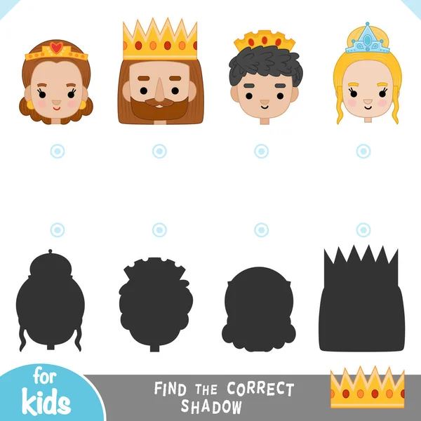 找到正确的影子 为孩子们设计的教育游戏 一套可爱的卡通片王家面孔 金王冠中的国王 有皇冠的公主 — 图库矢量图片
