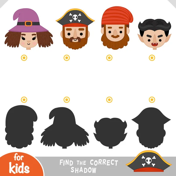 找到正确的影子 为孩子们设计的教育游戏 一组可爱的卡通奇幻脸 戴着帽子的女巫 花园小妖精 戴着皱眉帽子的海盗船长 吸血鬼 — 图库矢量图片