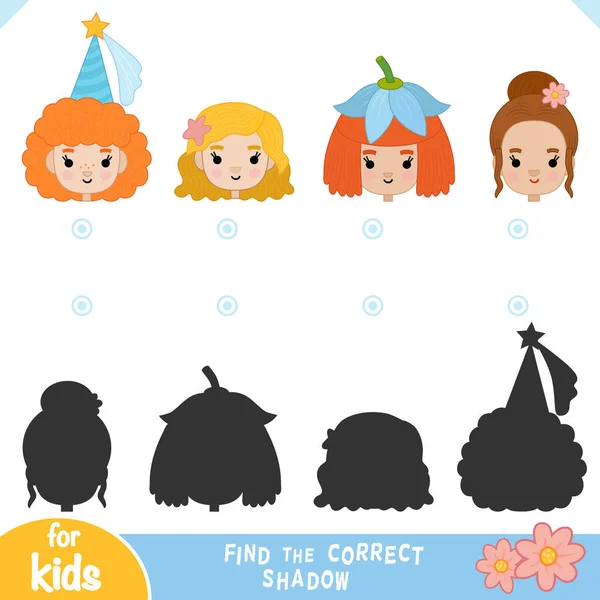 Find Correct Shadow Education Game Children Set Cute Cartoon Girls — Stock Vector