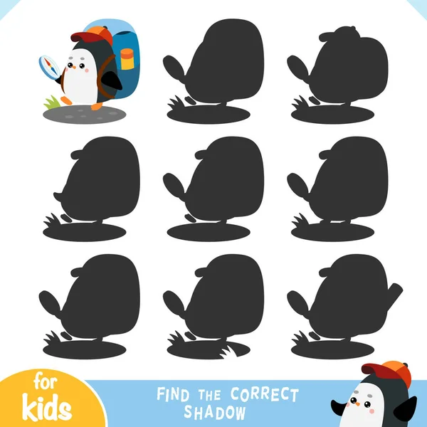 Find Correct Shadow Education Game Children Cute Penguin Traveler Hiking Stock Illustration
