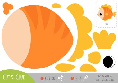 Çocuklar için eğitici kağıt oyunu. Renkli parçalardan sevimli bir karikatür balığı yapmak için makas ve yapıştırıcı kullanın..