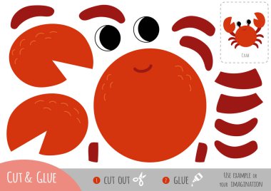 Çocuklar için eğitici kağıt oyunu. Renkli parçalardan sevimli bir yengeç yapmak için makas ve yapıştırıcı kullanın.