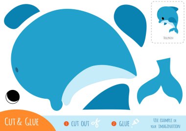 Çocuklar için eğitici kağıt oyunu. Renkli yunuslar için makas ve yapıştırıcı kullanın..