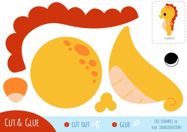 Çocuklar için eğitici kağıt oyunu. Renkli parçalardan sevimli bir deniz atı yapmak için makas ve yapıştırıcı kullanın..