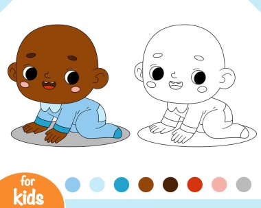 Sürünen ve gülümseyen tatlı erkek bebek, çocuklar için boyama kitabı..