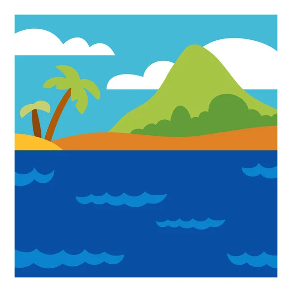 海辺の背景 山やヤシの木と漫画のビーチ 海岸の風景 熱帯の島の生活 正方形のフラットベクトルイラスト — ストックベクタ