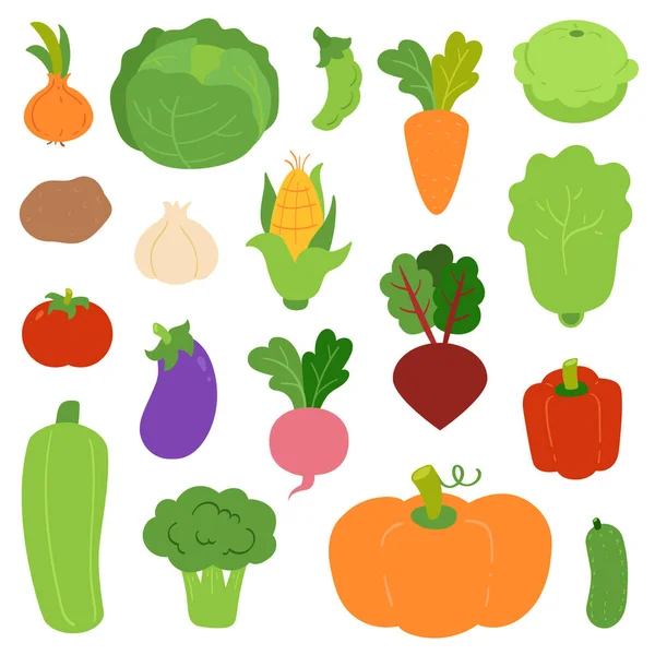 色彩斑斓的蔬菜 色彩斑斓的卡通收藏 在白色背景上孤立的彩色平面插图 — 图库矢量图片
