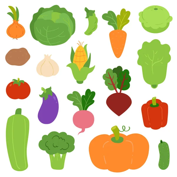 Ensemble Coloré Légumes Collection Dessins Animés Vectoriels Couleur Illustration Plate — Image vectorielle