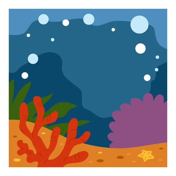 海底背景 有海藻和珊瑚的卡通洋底 海底景观 热带海洋生物 正方形矢量插图 — 图库矢量图片