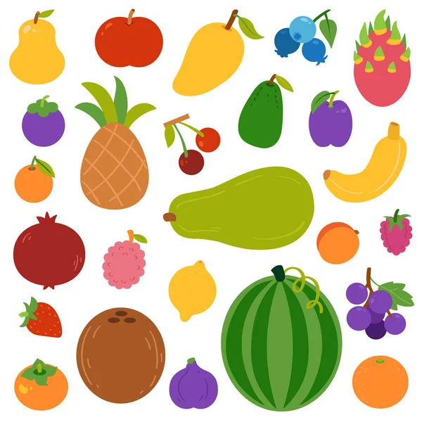 Kleurrijke Set Van Fruit Bessen Kleur Vector Cartoon Collectie Gekleurde — Stockvector