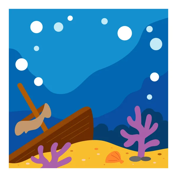海底背景 有沉船和海草的卡通洋底 海底景观 热带海洋生物 正方形矢量插图 — 图库矢量图片