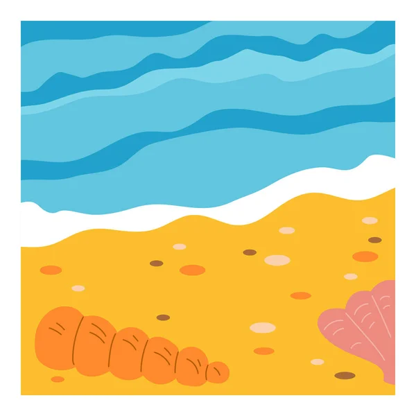 海辺の背景 波とシェルと漫画砂のビーチ 海岸の風景 熱帯海洋生物 正方形のフラットベクトルイラスト — ストックベクタ
