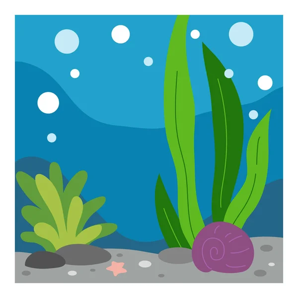 海面下の背景 海藻や貝殻で漫画の海床 海底地形 熱帯海洋生物 正方形のフラットベクトルイラスト — ストックベクタ