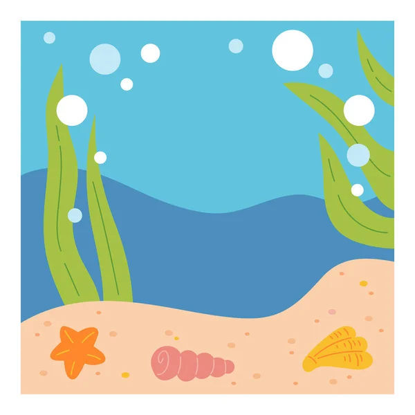 海面下の背景 海藻や貝殻で漫画の海床 海底地形 熱帯海洋生物 正方形のフラットベクトルイラスト — ストックベクタ