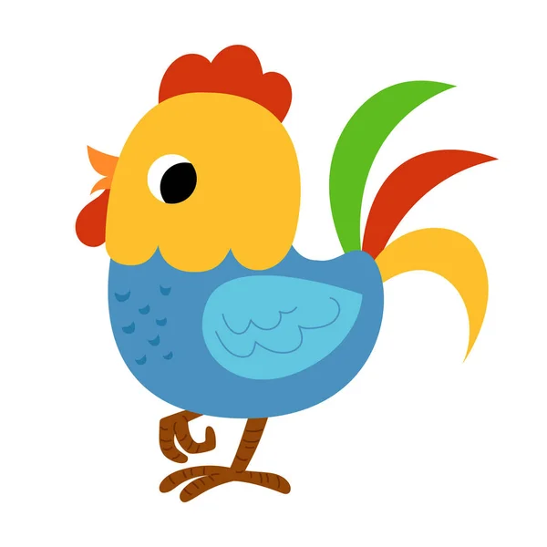 Carino Personaggio Gallo Cartone Animato Vettoriale Fattoria Uccello Illustrazione Bambini — Vettoriale Stock