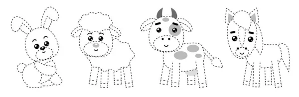 Spojte Tečky Vzdělávací Hra Pro Děti Sada Roztomilých Kreslených Farmářských — Stockový vektor