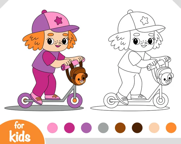 Coloring Book Children Cute Little Girl Scooter — Stock Vector