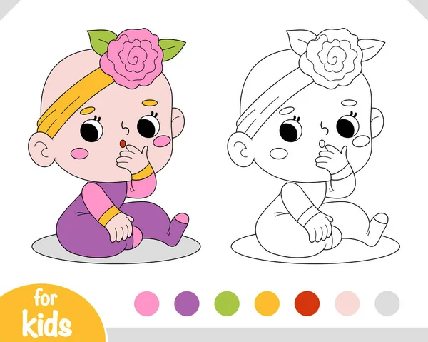 Coloring Book Children Cute Cartoon Baby Girl Pensive Expression Her — Stock Vector