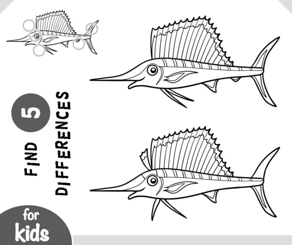 Netter Cartoon Sailfish Unterschiede Finden Lernspiel Für Kinder — Stockvektor