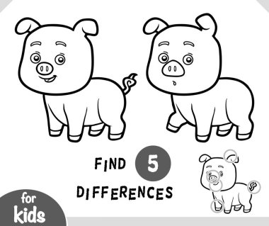 Cute cartoon Pig animal, Find differences educational game for children, black and white activity page clipart