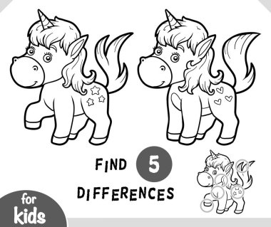 Tatlı çizgi film Tekboynuz Hayvanı, çocuklar için eğitici bir oyun bul, siyah beyaz aktivite sayfası