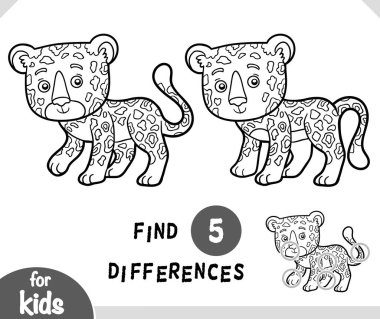 Cute cartoon Jaguar animal, Find differences educational game for children, black and white activity page clipart