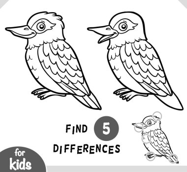 Cute cartoon Kookaburra bird, Find differences educational game for children, black and white activity page clipart