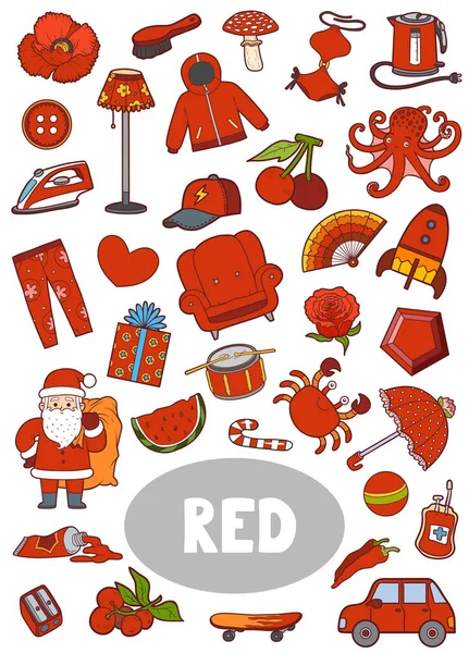Colorido Conjunto Objetos Color Rojo Diccionario Visual Para Niños Sobre — Archivo Imágenes Vectoriales