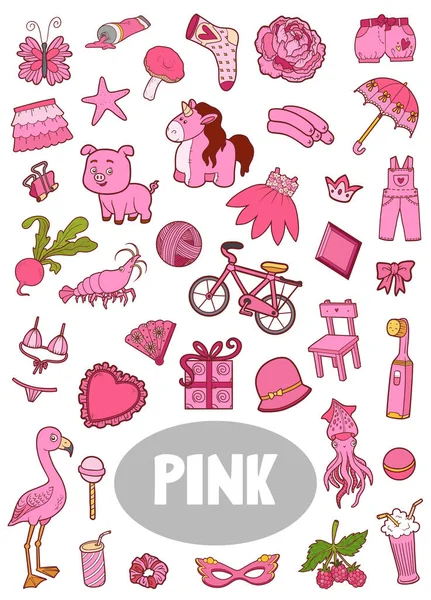 Set Van Roze Kleur Objecten Visueel Woordenboek Voor Kinderen Basiskleuren — Stockvector