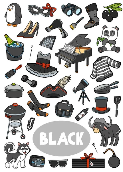 一组黑色物体 为孩子们提供关于基本色彩的视觉词典 供幼儿园和学前教育用的带有孤立图像的垂直卡通片 — 图库矢量图片