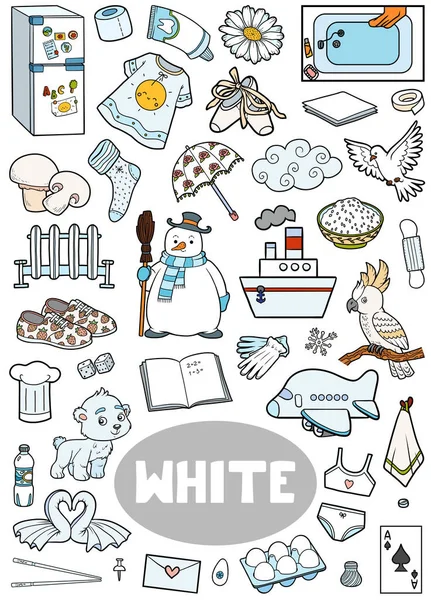 一组白色物体 为孩子们提供关于基本色彩的视觉词典 供幼儿园和学前教育用的带有孤立图像的垂直卡通片 — 图库矢量图片
