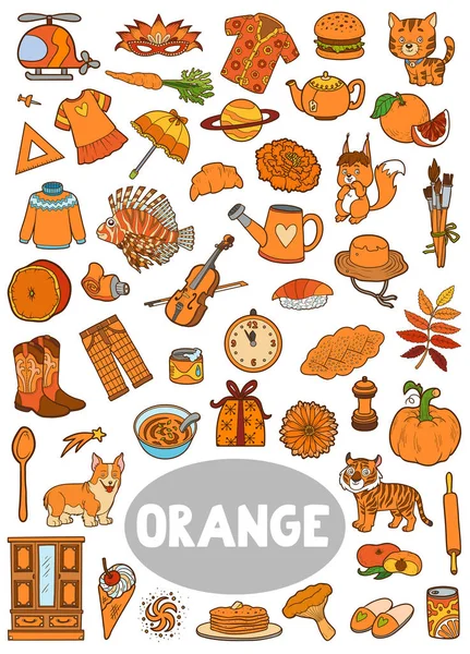 Narancssárga Színű Tárgyak Vizuális Szótár Gyerekeknek Alapszínekről Függőleges Rajzfilm Lap — Stock Vector