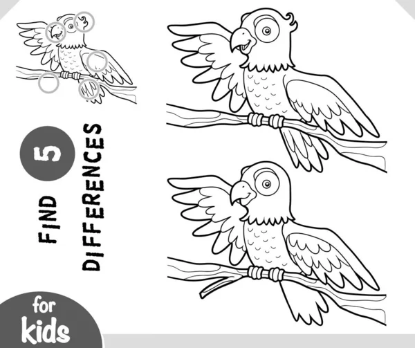 Netter Cartoon Papageienvogel Finden Sie Unterschiede Lernspiel Für Kinder Schwarz — Stockvektor