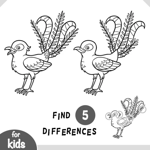 Lindo Pájaro Dibujos Animados Lyrebird Encontrar Diferencias Juego Educativo Para — Vector de stock