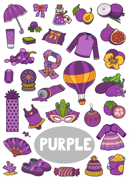 Set Objetos Color Púrpura Diccionario Visual Para Niños Sobre Los — Vector de stock