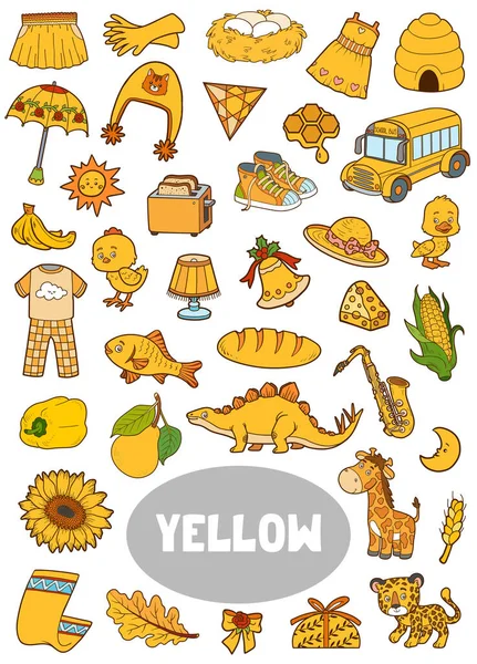 黄色のオブジェクトのセット 基本的な色についての子供のための視覚辞書 幼稚園や就学前の学習のために学ぶための孤立した画像と垂直漫画シート ストックイラスト