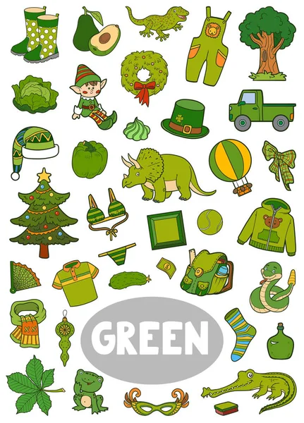 Zestaw Obiektów Zielonych Kolorów Słownik Wizualny Dla Dzieci Podstawowych Kolorach Grafika Wektorowa