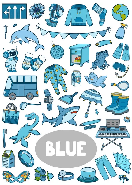 一组蓝色的物体 为孩子们提供关于基本色彩的视觉词典 供幼儿园和学前教育用的带有孤立图像的垂直卡通片 免版税图库矢量图片